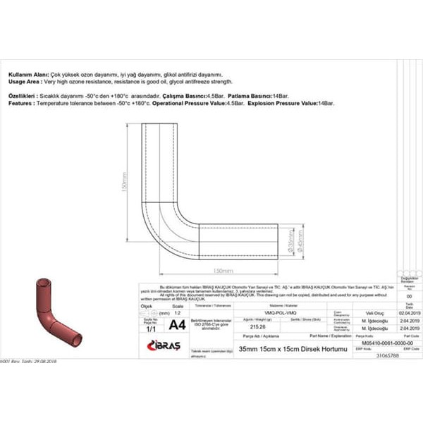 IBRAS 65788 3 Kat Polyesterli Silikon Q 35Mm 15Cm X 15Cm Dirsek Hortumu 