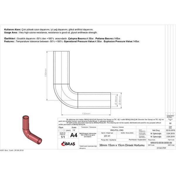 IBRAS 65789 3 Kat Polyesterli Silikon Q 38Mm 15Cm X 15Cm Dirsek Hortumu 
