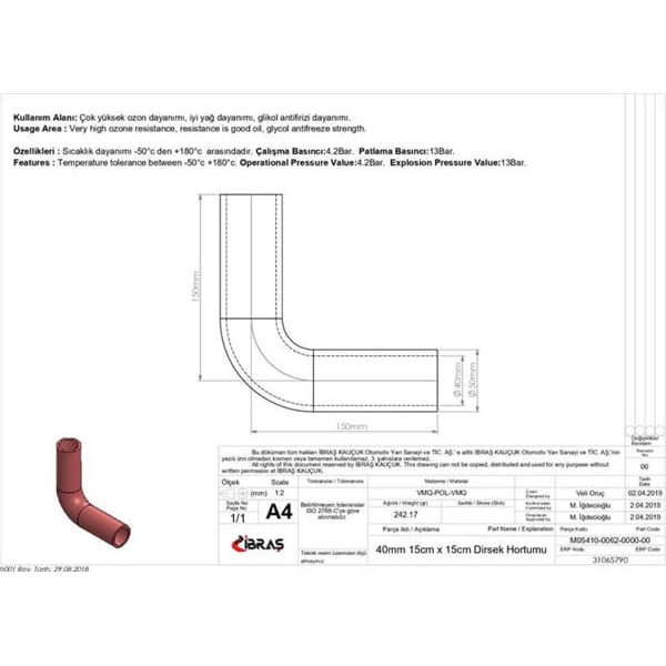 IBRAS 65790 3 Kat Polyesterli Silikon Q 40Mm 15Cm X 15Cm Dirsek Hortumu