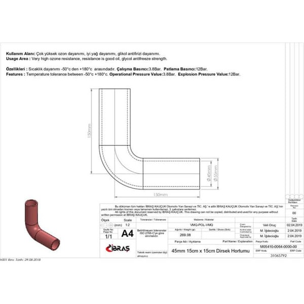 IBRAS 65792 3 Kat Polyesterli Silikon Q 45Mm 15Cm X 15Cm Dirsek Hortumu 