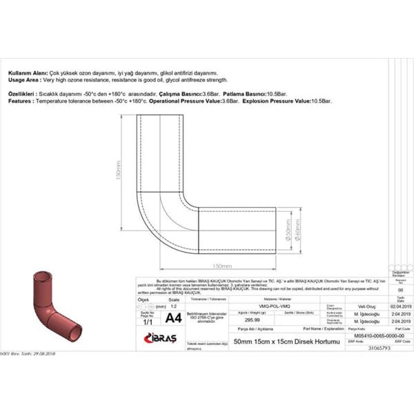 IBRAS 65793 3 Kat Polyesterli Silikon Q 50Mm 15Cm X 15Cm Dirsek Hortumu