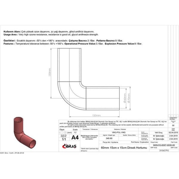 IBRAS 65795 3 Kat Polyesterli Silikon Q 60Mm 15Cm X 15Cm Dirsek Hortumu 