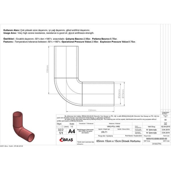 IBRAS 65796 3 Kat Polyesterli Silikon Q 65Mm 15Cm X 15Cm Dirsek Hortumu