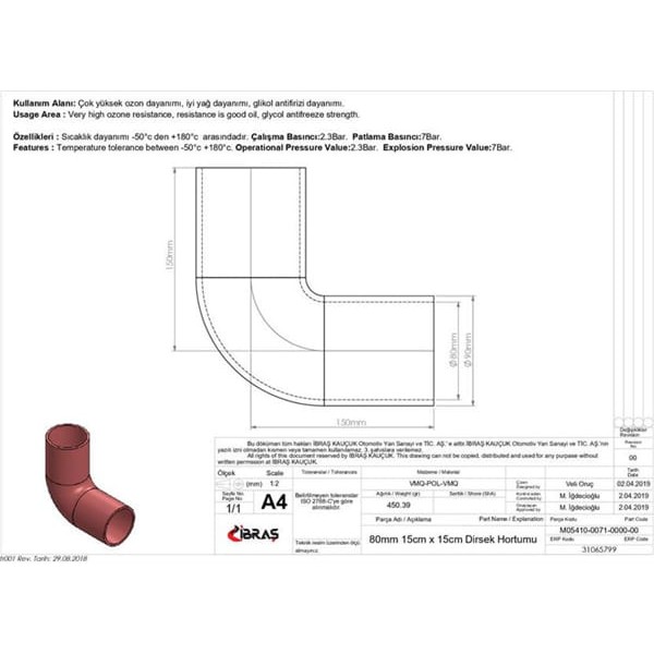 IBRAS 65799 Dirsek Hortumu 4 Kat Polyesterli Silikon Q 80Mm 15K Hortumu 