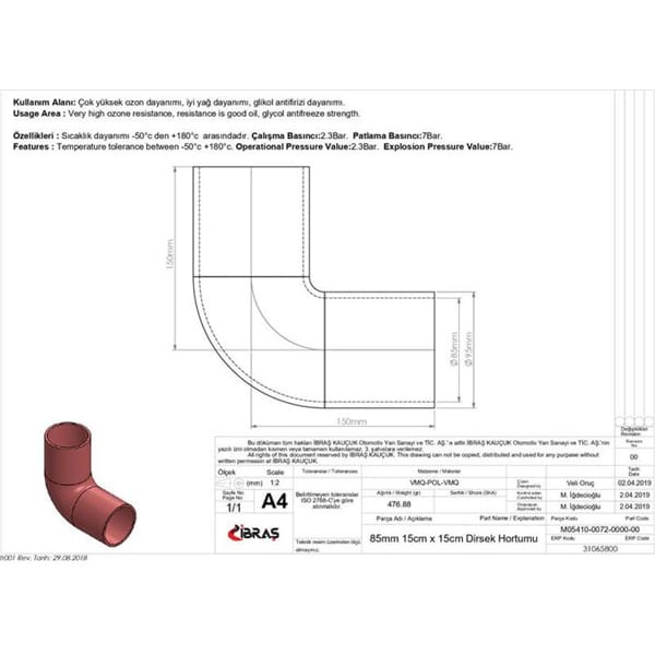 IBRAS 65800 Dirsek Hortumu 4 Kat Polyesterli Silikon Q 85Mm 15K Hortumu