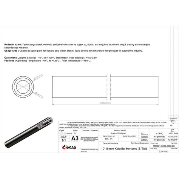 IBRAS 66113 Kalorifer Hortumu 10Mm X 16Mm 3-8 Inc 1 Metre Epdm-Epdm