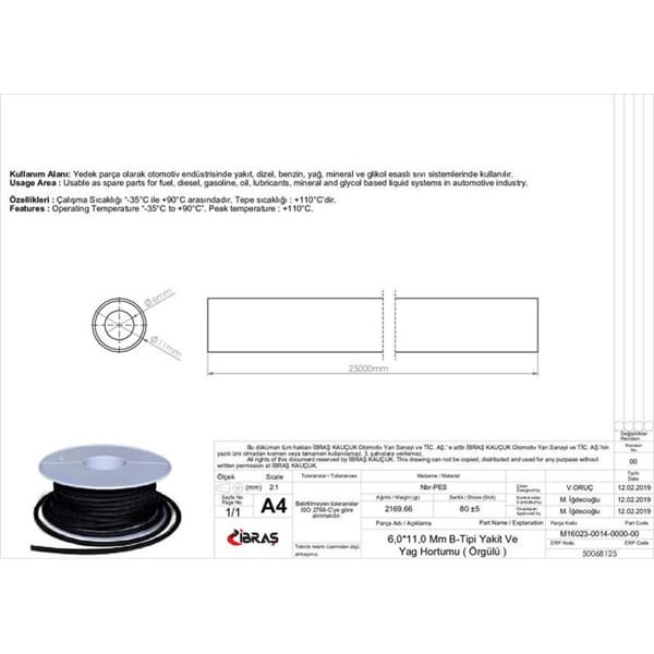 IBRAS 68125 Benzin Hortumu Dıstan Örgülü 6.0 Mm X 11.0 Mm Nbr-B Tipi Makaralı 
