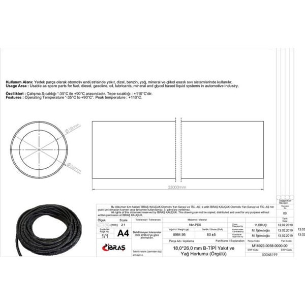 IBRAS 68199 Dıstan Orgulu Yakıt Hortumu 65612 18.0 Mm X 26.0 Mm Nbr B Tipi Makaralı 25M