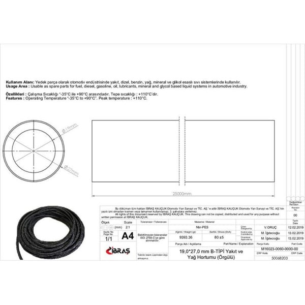 IBRAS 68203 Dıstan Orgulu Yakıt Hortumu 65613 19.0 Mm X 27.0 Mm Nbr B Tipi Makarasız 25M