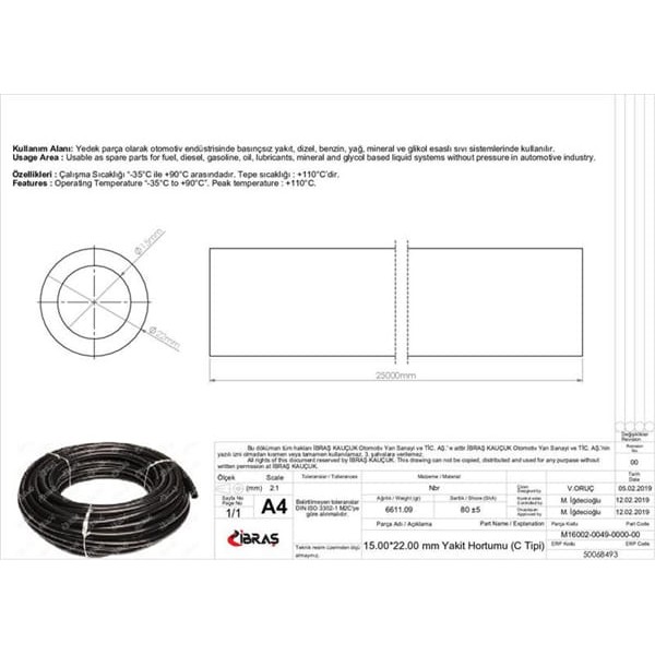 IBRAS 68493 15.0Mm X 22.0Mm Yakıt Hortumu Üniversal C / Tipi