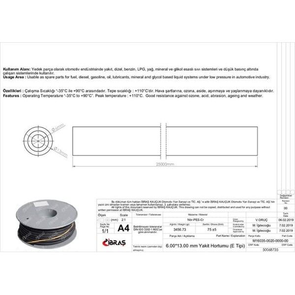 IBRAS 68735 6.0Mm X 13.0Mm Yakıt Hortumu Üniversal E / Tipi
