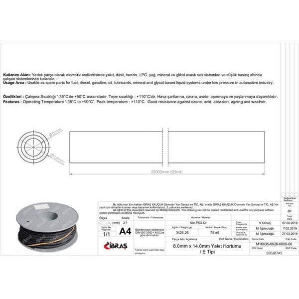 IBRAS 68745 Benzin Hortumu Içten Örgülü 8.0 Mm X 14.0 Mm Nbr-Cr-E Tipi Makaralı