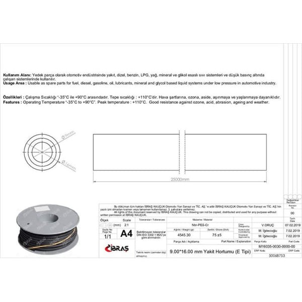 IBRAS 68753 9.0Mm X 16.0Mm Yakıt Hortumu Üniversal E / Tipi