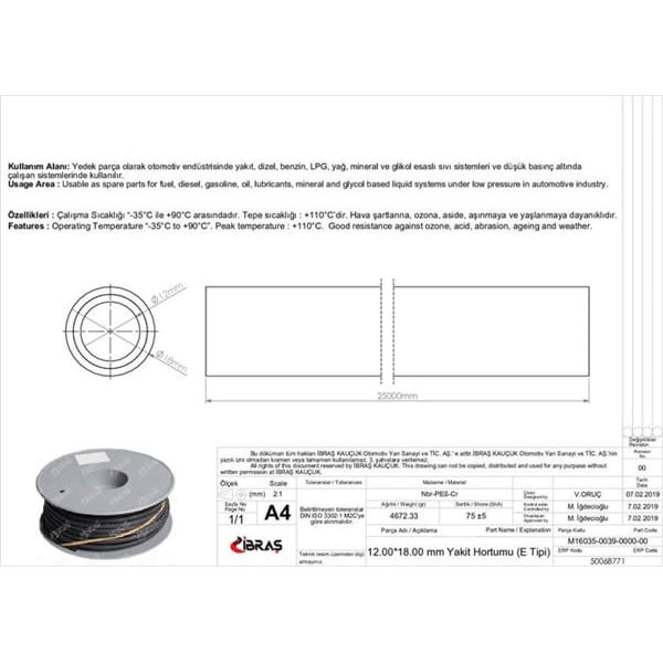 IBRAS 68771 Benzin Hortumu Içten Örgülü 12.0 Mm X 18.0 Mm Nbr-Cr-E Tipi Makaralı