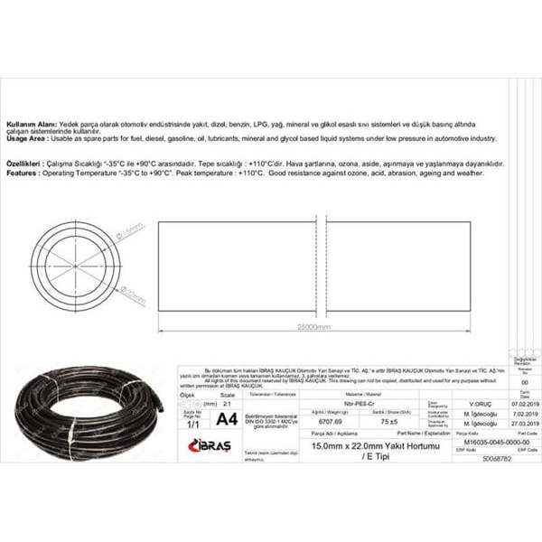 IBRAS 68782 15.0Mm X 22.0Mm Yakıt Hortumu Üniversal E / Tipi