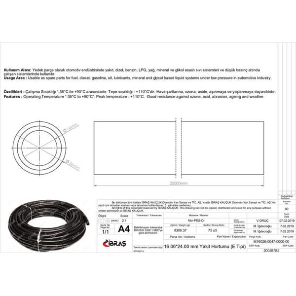 IBRAS 68785 İçten Orgulu Yakıt Hortumu 65661 16.0 Mm X 24.0 Mm Nbr / Cr E Tipi Makarasız 25M