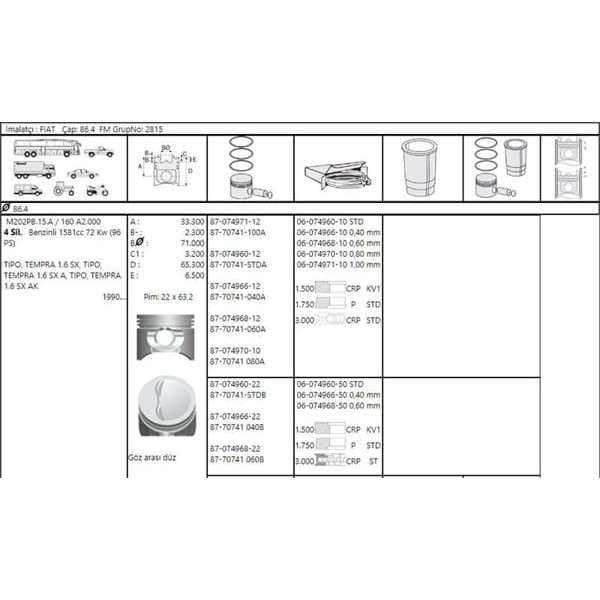 IMP 877074104000AG Piston Segman 0.40 Murat 131 SLX Tempra 86.40Mm