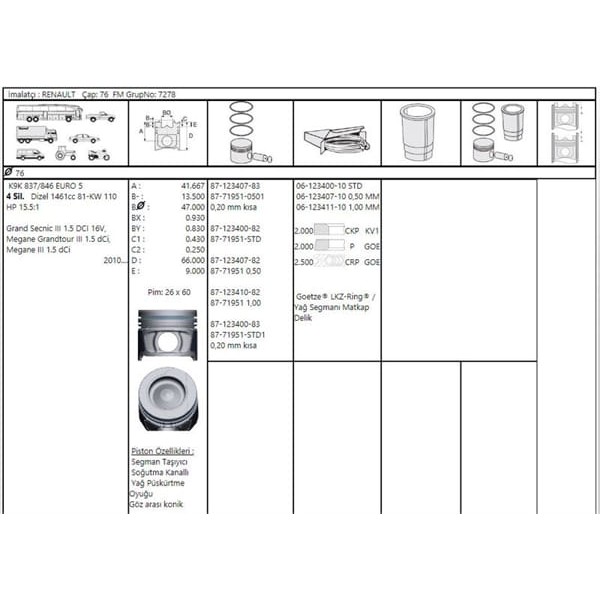 GOETZE ISS 8771951050100G Piston Segman Fluence Megane III Scenic 1.5DCI 16V 110 Hp Euro 5 Motor Soğ
