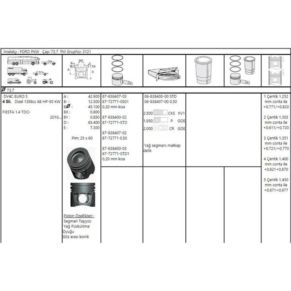 GOETZE ISS 8772771050000G Piston - Gömlek 73.7Mm 0.50 Fiesta 1.4 TDCI Dv4C Euro5