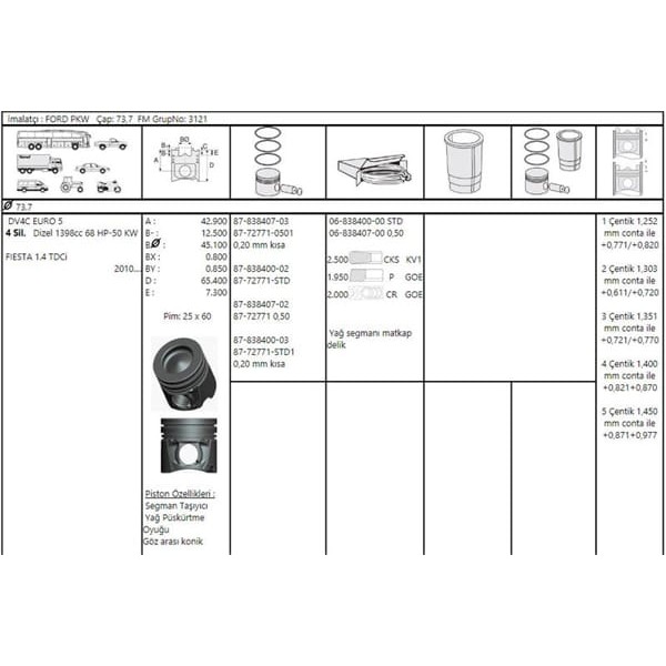 GOETZE ISS 8772771STD100G Piston-Segman 73.7Mm Std 20 Mm Kısa Ford Fiesta 1.4TDCI 70Ps Euro5 09- Peu