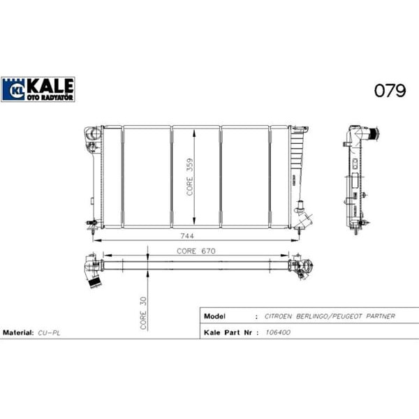 KALE OTO Radyatör 2003042PA Su Radyatörü Partner Berlingo 1.9D 2 Sıra Pa Bakır