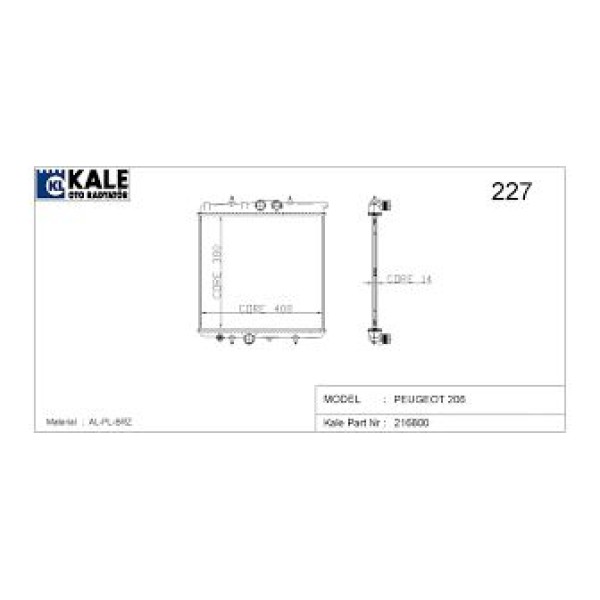 KALE OTO Radyatör 2039011AB Su Radyatörü 206 1.4İ 8V 1 Sıra 415X380X25 