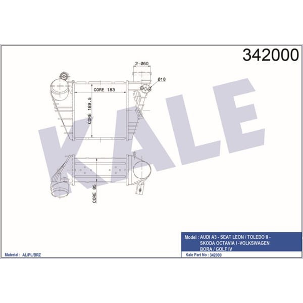 KALE OTO Radyatör 342000 Turbo Radyatörü Golf IV 98- Bora 98- 1.8T 1.9 TDI / A3 96- / Toledo II 98- 