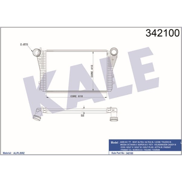 KALE OTO Radyatör 342100 Turbo Radyatörü Golf V 03- 1.4 Tsı 1.9 TDI 2.0 TDI 2.0 Fsı Golf VI 08- Eos