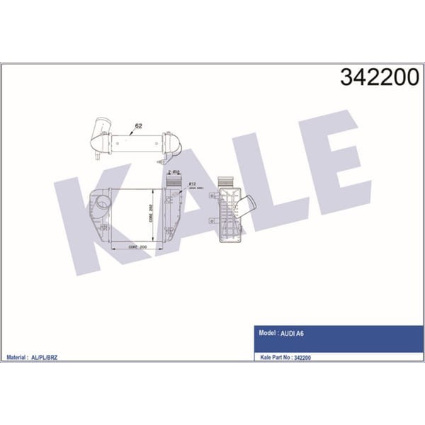 KALE OTO Radyatör 342200 Turbo Radyatörü A6 04- 2.0 TDI 2.0 Tfsı 200X202X62