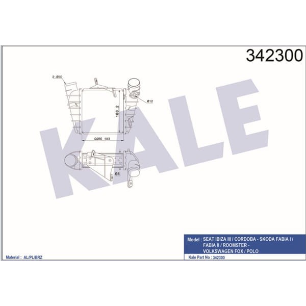 KALE OTO Radyatör 342300 Turbo Radyatörü Polo IV 01- 1.4 TDI Fox 05- 1.4 TDI / Cordoba 02- / Fabia I 