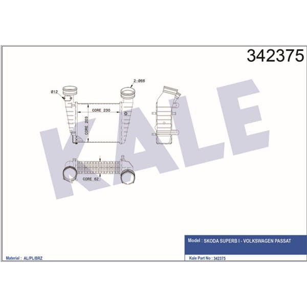 KALE OTO Radyatör 342375 Turbo Radyatörü Passat B5 00- 1.8T / Superb I 01- 1.8T