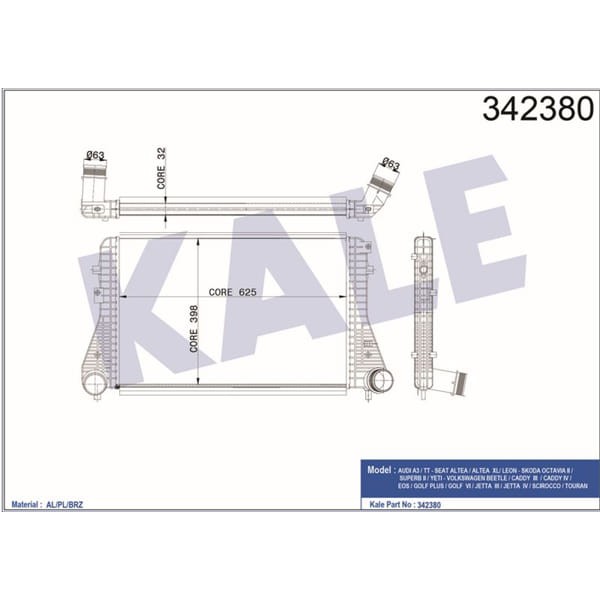KALE OTO Radyatör 342380 Turbo Radyatörü Golf VI Jetta IV 10- Jetta III 05- Scırocco 08- Beetle 11-