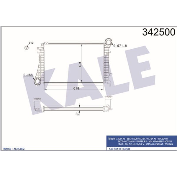 KALE OTO Radyatör 342500 Turbo Radyatörü Golf V 03- Eos 06- 2.0 TDI Jetta III 05- Passat B6 05- Cadd