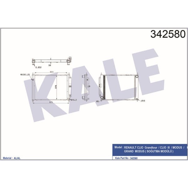 KALE OTO Radyatör 342580 Su Radyatörü Soğutma Modülü CLIO III 05- 1.2 Tce 1.2 16V 1.5 DCI Mt Ac Modu