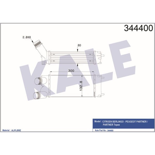 KALE OTO Radyatör 344400 Turbo Radyatörü Partner 08- 1.6 HDI / Berlingo 08- 1.6 HDI 300X147X76
