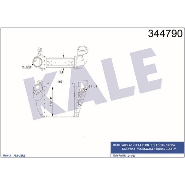 KALE OTO Radyatör 344790 Turbo Radyatörü Golf IV 98- Bora 98- 1.8T 1.9 TDI / A3 96- / Toledo II 98- 