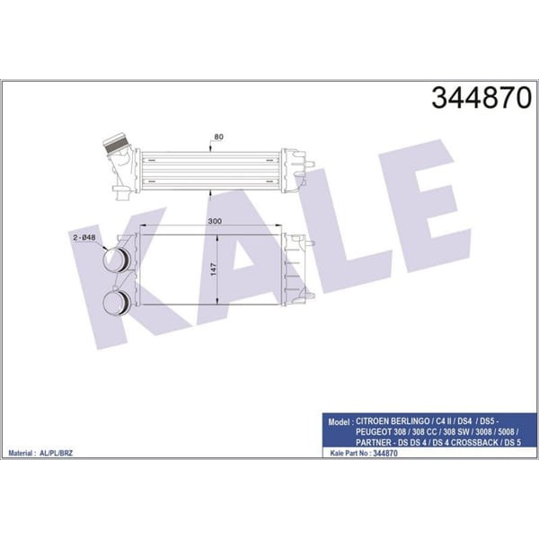 KALE OTO Radyatör 344870 Turbo Radyatörü 308 07- 1.6 HDI 3008 09- 1.2 Thp 5008 09- Partner 08- 1.6 H 