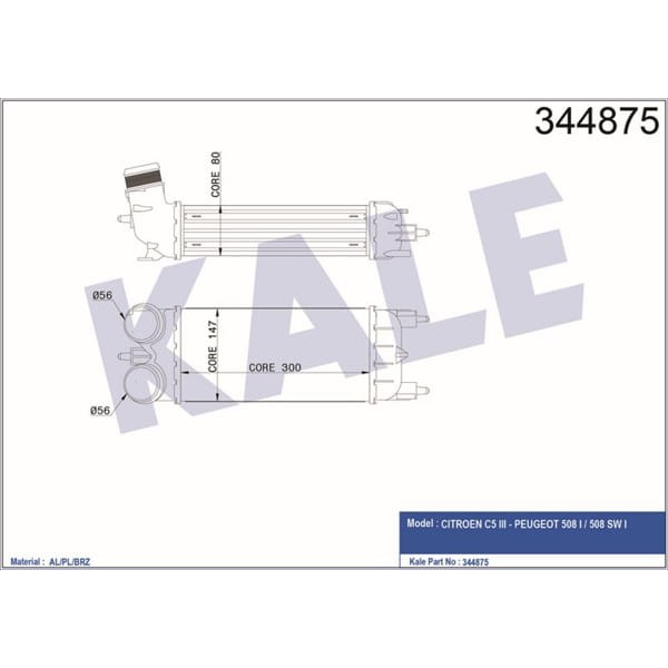 KALE OTO Radyatör 344875 Turbo Radyatörü 508 10- 1.6 Thp / C5 08- 1.6 Thp 300X150X80 