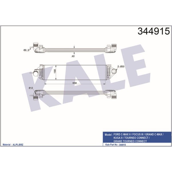 KALE OTO Radyatör 344915 Turbo Radyatörü Cmax 10- 1.6 Ecoboost Focus III 11- 1.6 Ecoboost Kuga 13- T 