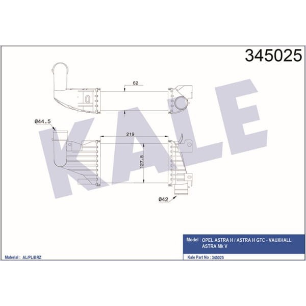 KALE OTO Radyatör 345025 Turbo Radyatörü Astra H 1.7 Cdtı 04-06 218X126X62 