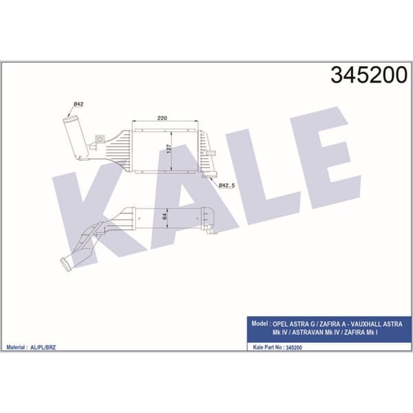 KALE OTO Radyatör 345200 Turbo Radyatörü Astra G 98- 1.7 Td 2.0 Td Zafira A 98- 220X127X64 