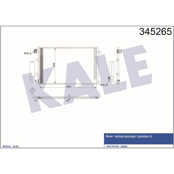 KALE OTO Radyatör 345265 Klima Radyatörü Qashqai - 2 J10 Jj10 1.6 07- 643X377X16 Al Al 