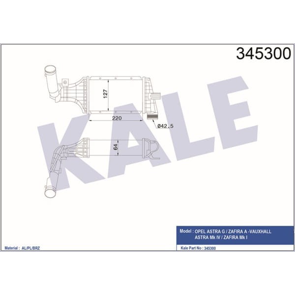 KALE OTO Radyatör 345300 Turbo Radyatörü Astra G 99- 2.0 Td 2.2 Td Zafira A 99- 220X127X64 