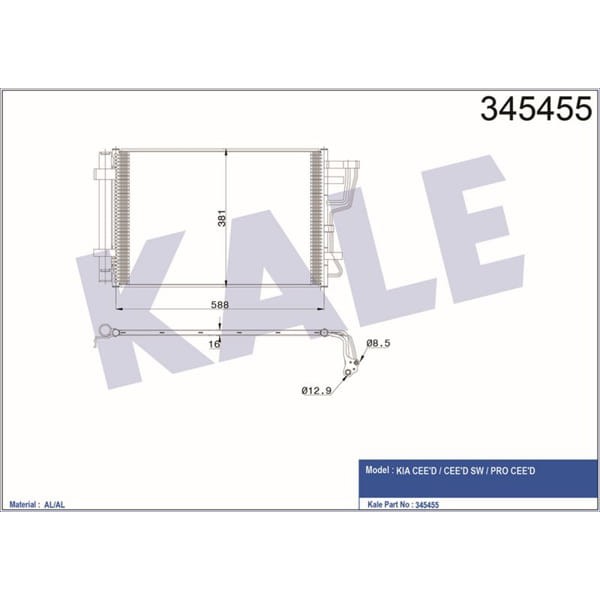 KALE OTO Radyatör 345455 Klima Radyatörü Kia Ceed 1.4İ 1.6İ 07- 606X381X16 Al Al 