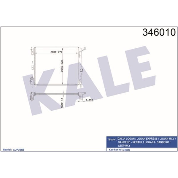 KALE OTO Radyatör 346010 Su Radyatörü Logan I 04- 1.2 16V 1.4I 1.6I 1.6 16V Sandero I 08- / Largus 1