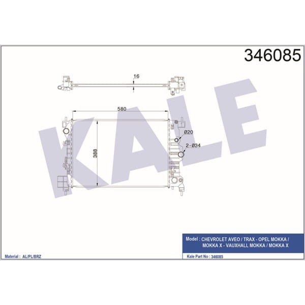 KALE OTO Radyatör 346085 Su Radyatörü Mokka 13- 1.6 16V 1.8 16V Mt / Aveo T300 11- 1.6 16V Mt Trax 1