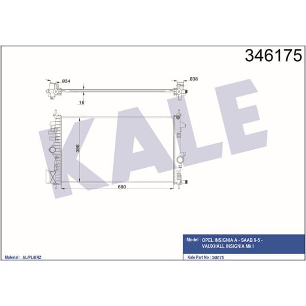 KALE OTO Radyatör 346175 Su Radyatörü Insignia 08- 1.6 16V 1.8 16V Ac Brazıng 680X378X16 