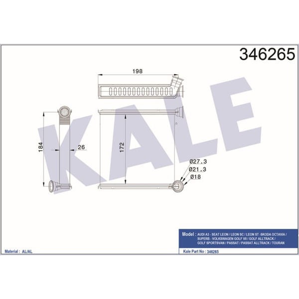 KALE OTO Radyatör 346265 Kalorifer Radyatörü Golf Vıı Sportsvan 14- Passat B8 14- Tiguan II 16- Tour