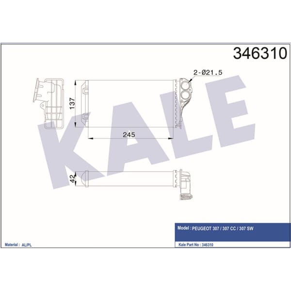 KALE RADYATÖR 346310 Kalorifer Radyatörü 307 01- Behr Tip Otomatik Klima 242X135X42