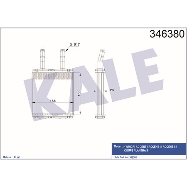 KALE OTO Radyatör 346380 Kalorifer Rdayatöru Brazıng Accent 94-99 Getz 1.3 02-06 167X165X26 